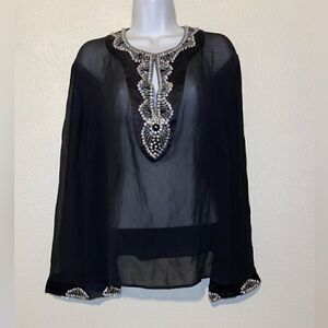 Tadashi SILK Top Sheer‎ Beaded Sequined Crystal V Neckline Top Large